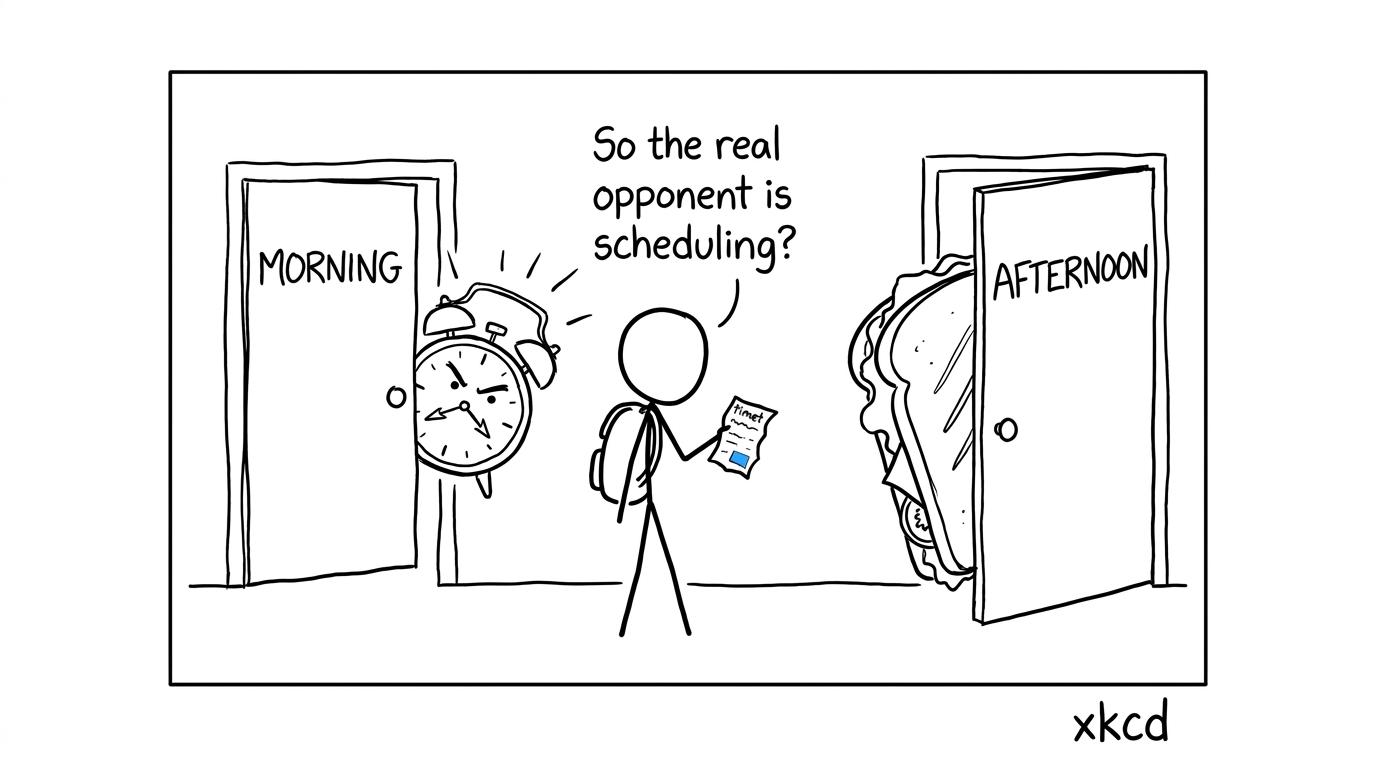 A student chooses between an alarm clock and a giant lunch sandwich
