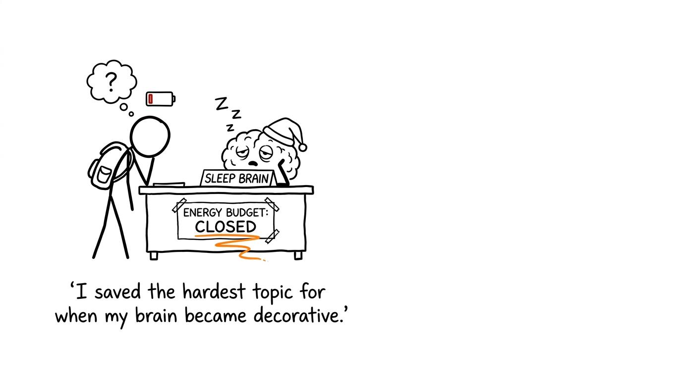 A student trying to negotiate revision time with a sleepy brain