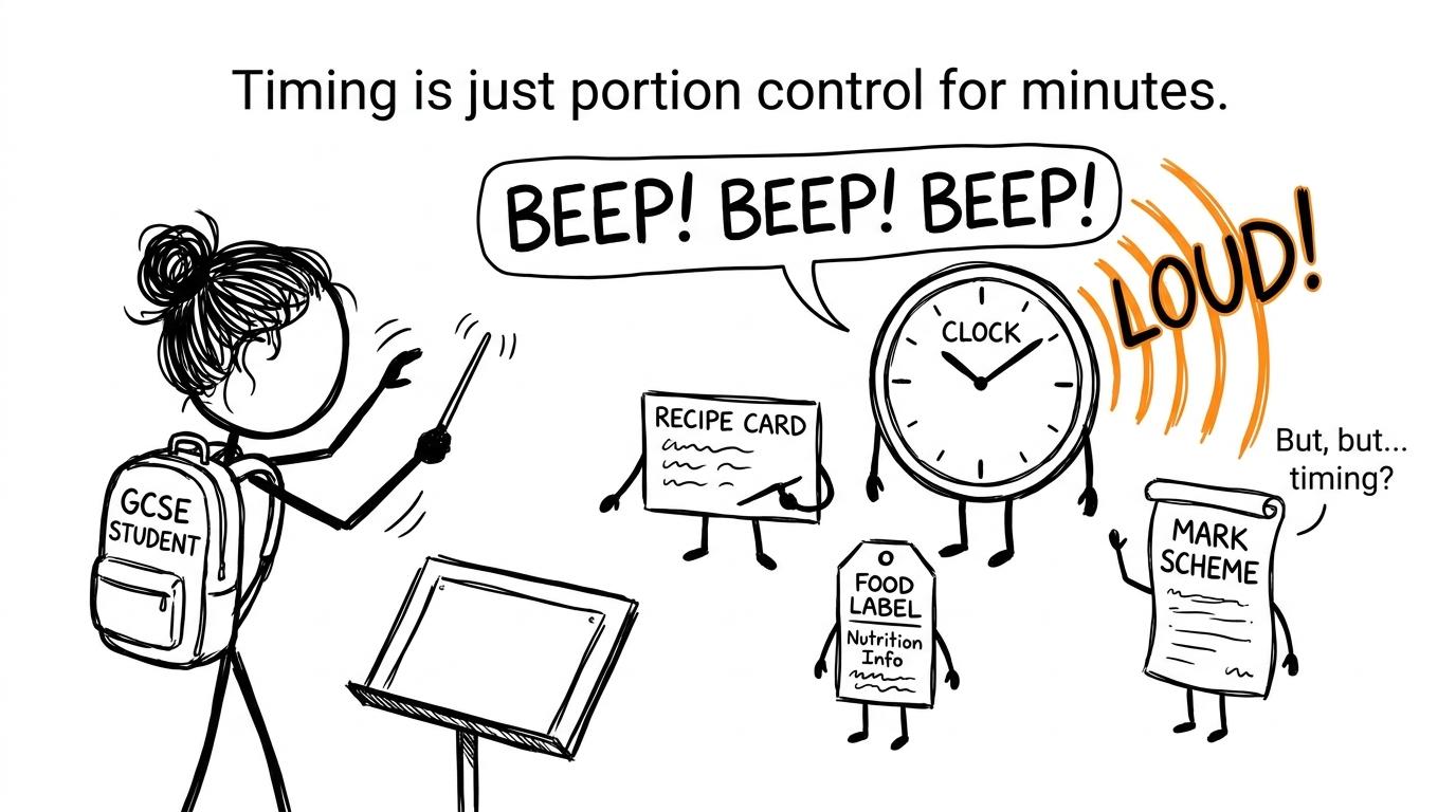 A student conducts an orchestra of exam materials while the clock plays too loudly