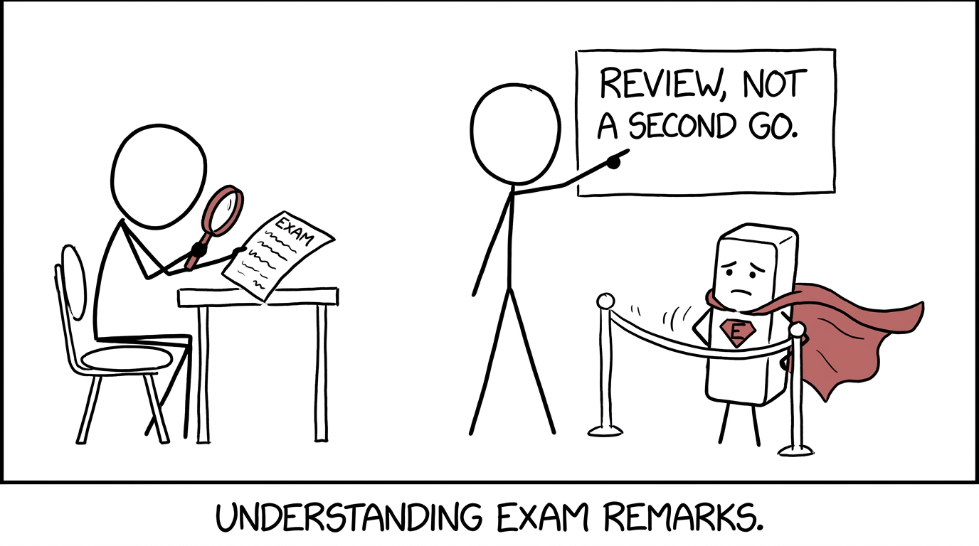 An examiner explaining that a marking review is not a completely new attempt