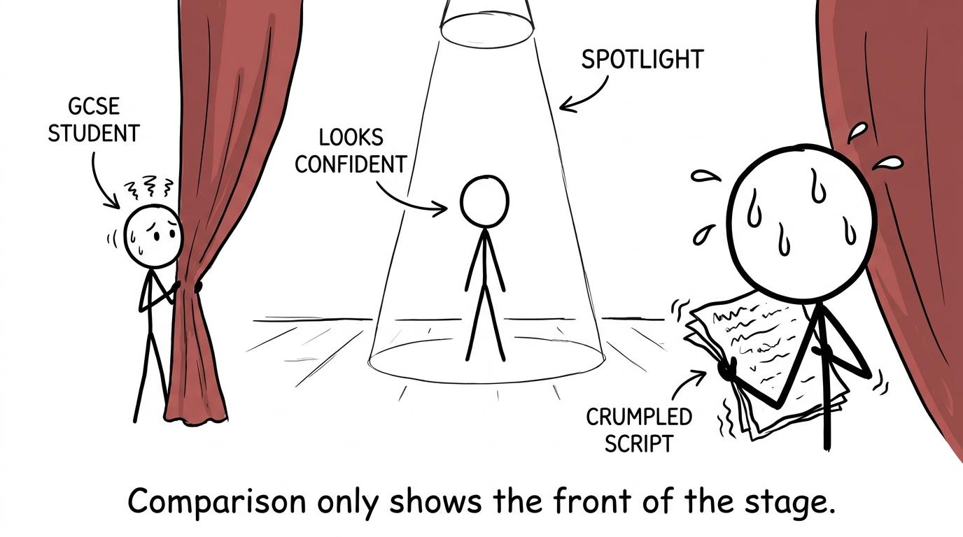 A confident-looking performer is secretly nervous behind the curtain
