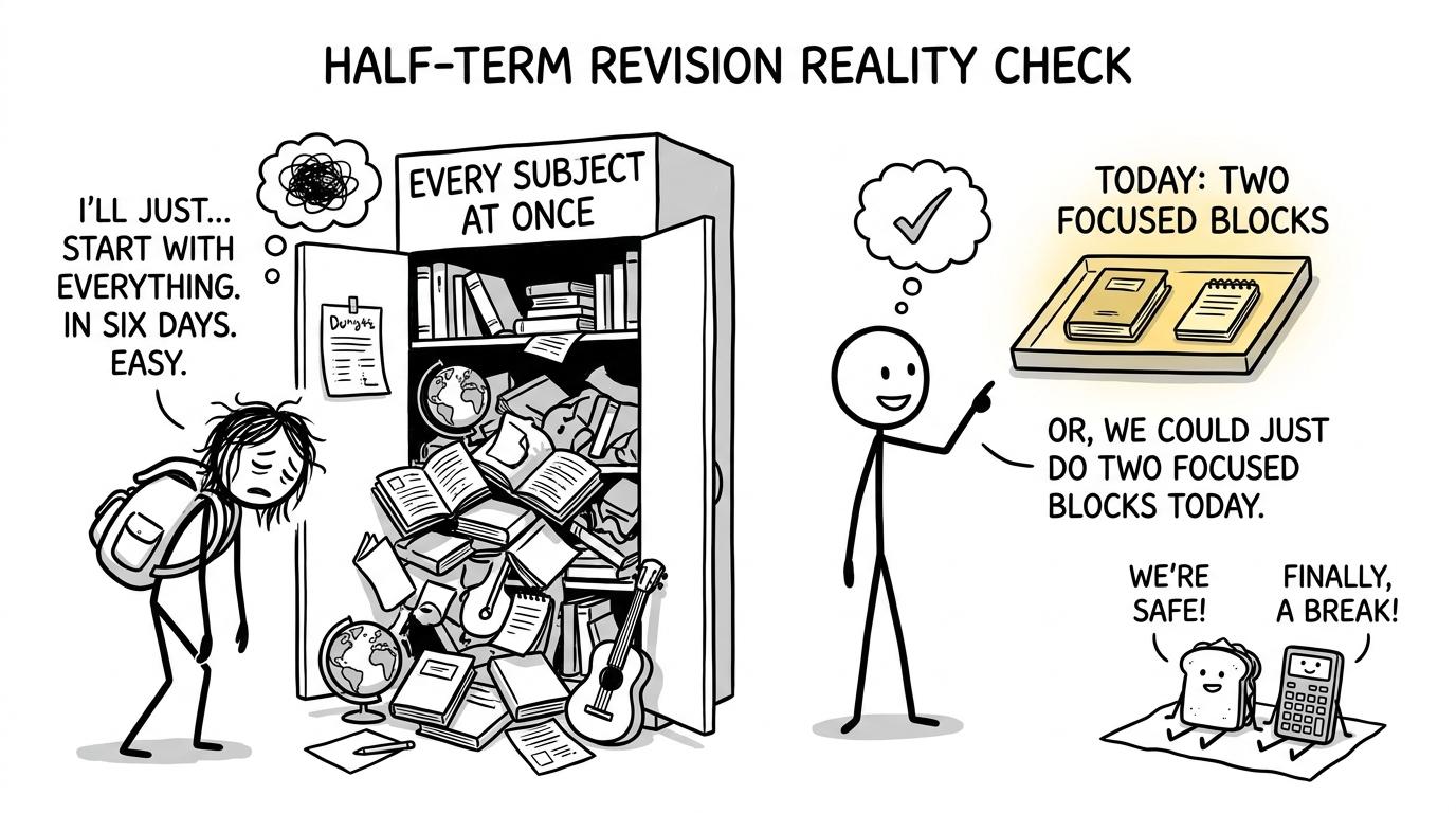 A student chooses two focused revision blocks instead of opening the cupboard of every subject at once