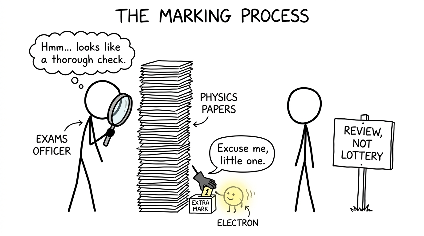 An exams officer reviewing papers while an electron tries to sneak in an extra mark