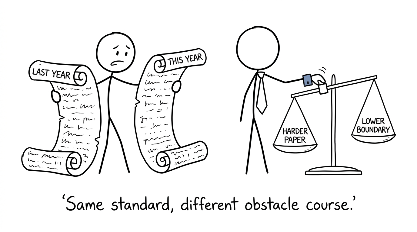 An examiner balances a harder paper against a lower boundary