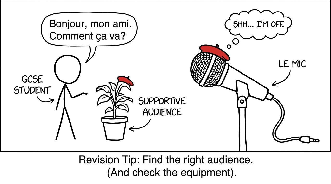 A student practises French with a very supportive houseplant