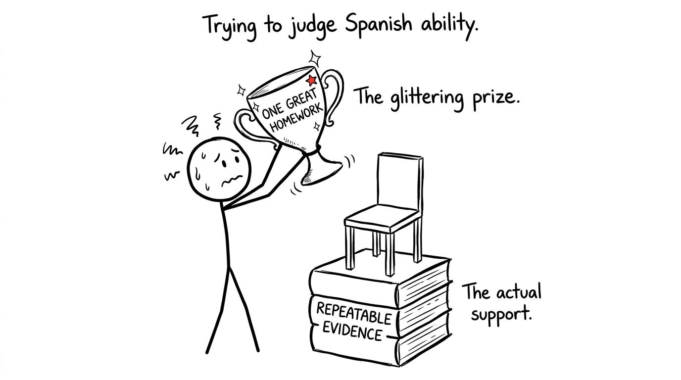 One impressive homework trophy competing with a stack of repeatable timed evidence