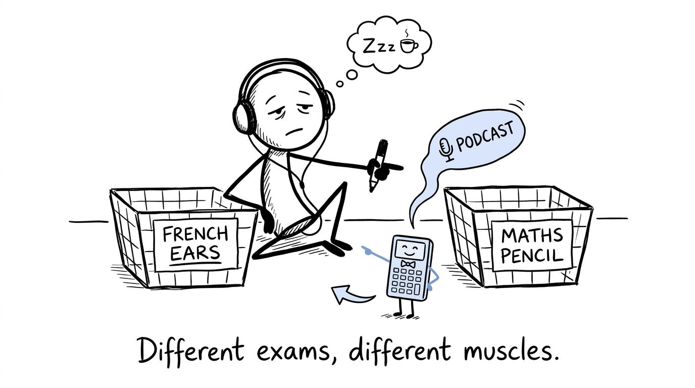 A student sorting headphone revision and maths practice into the right baskets