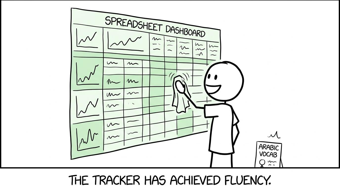 A student perfects a spreadsheet while an Arabic flashcard waits for attention