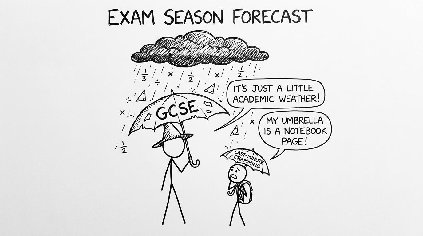 A teacher holding a GCSE umbrella in a storm of topics