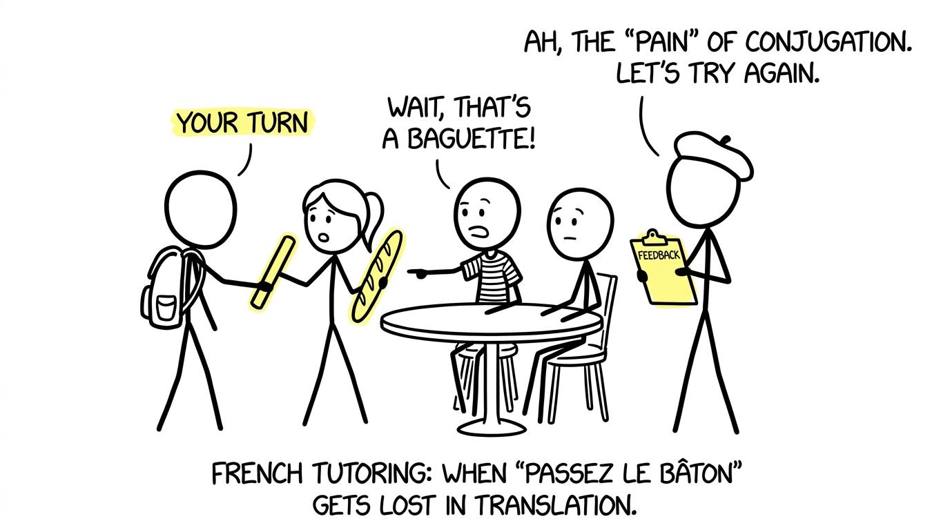 Students passing the French conversation baton and one accidental baguette