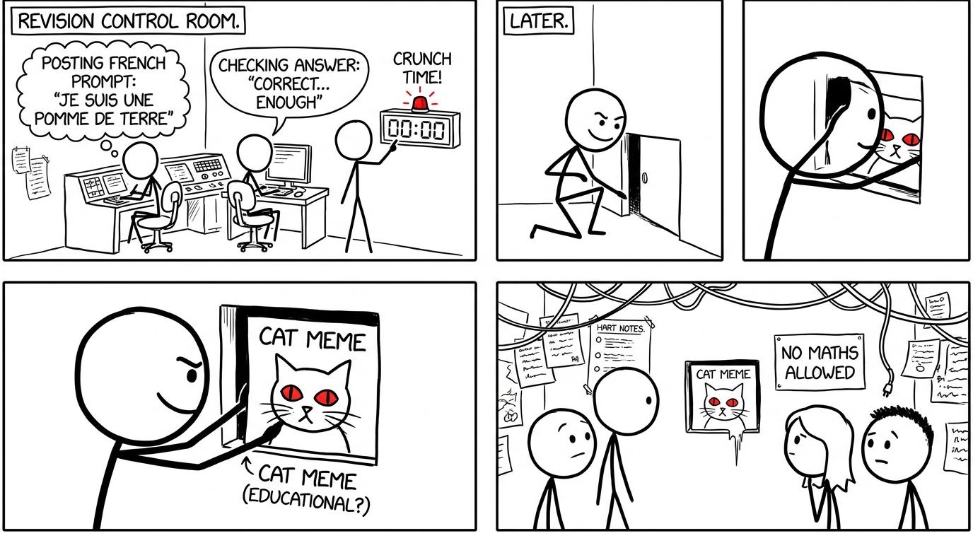 Students run a revision control room while a cat meme waits until later
