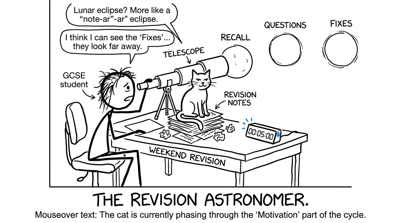 A student uses a cardboard telescope to focus weekend revision on recall, questions and fixes while a cat blocks the notes