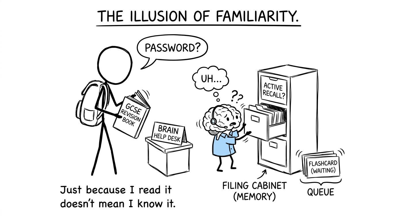 A brain at a help desk searches for information while a flashcard waits
