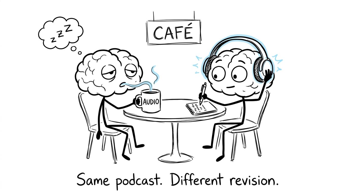 One student listens passively while another pauses to retrieve