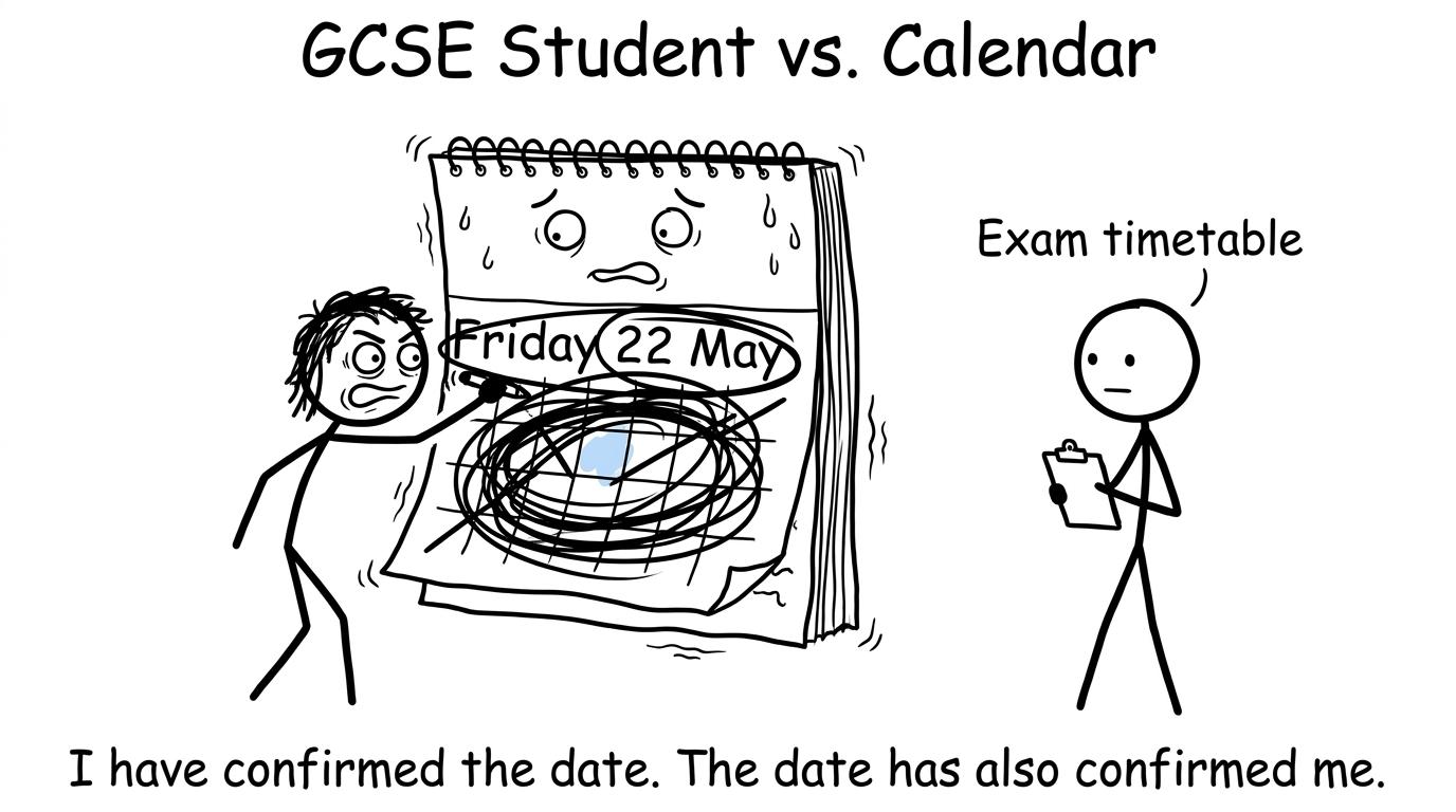 A student and an increasingly nervous calendar confirming the Economics exam date