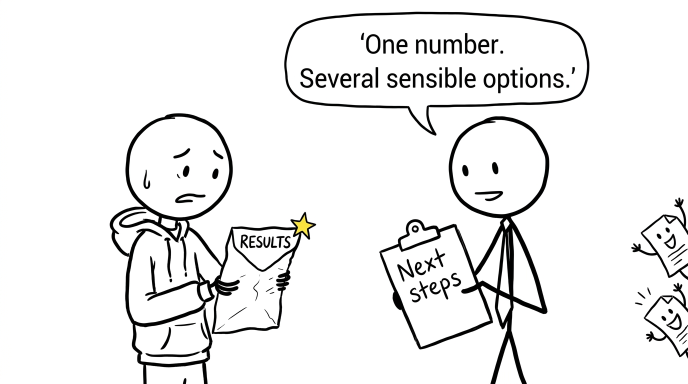 A GCSE student opens a results envelope while a teacher calmly points towards sensible next steps