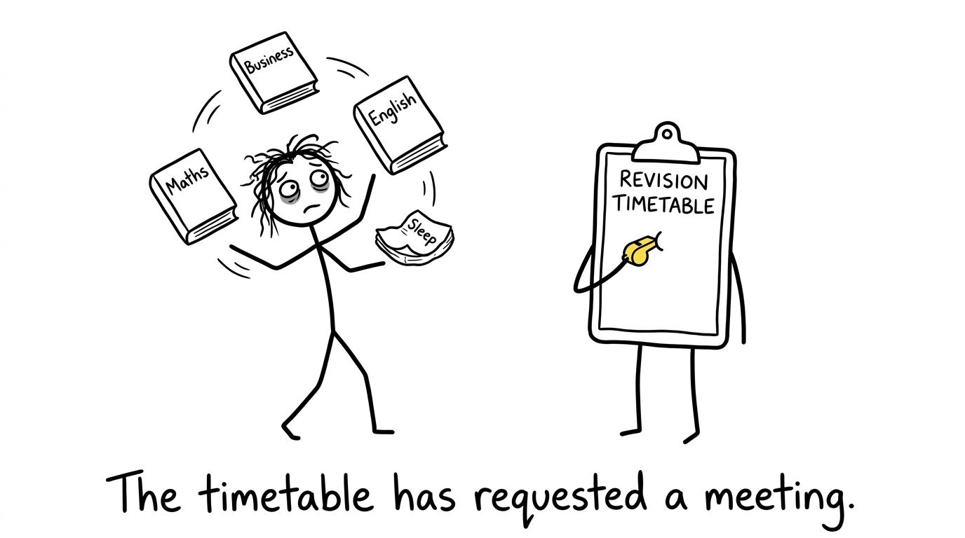 A GCSE student juggles subjects while the revision timetable requests a meeting