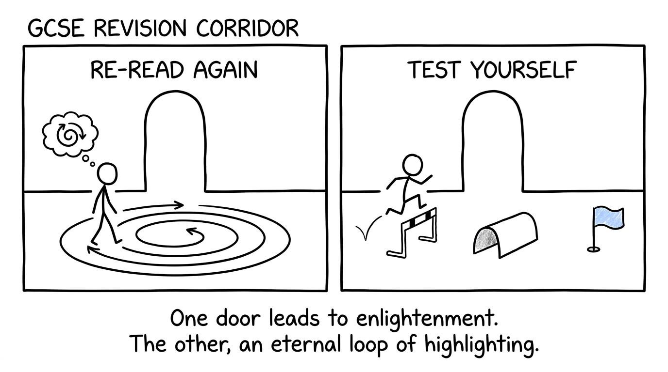 A revision student choosing between rereading in circles and testing themselves