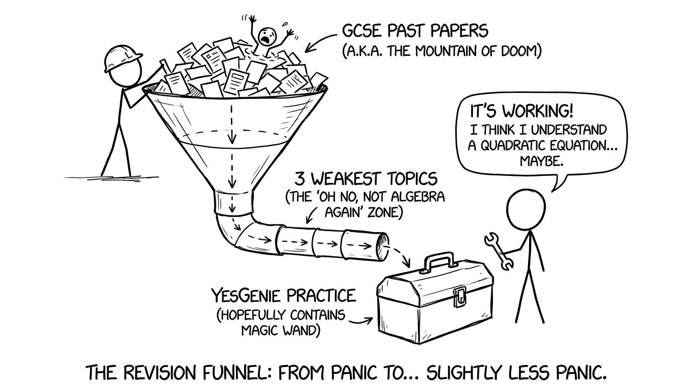 Revision funnel from past papers to weakest topics