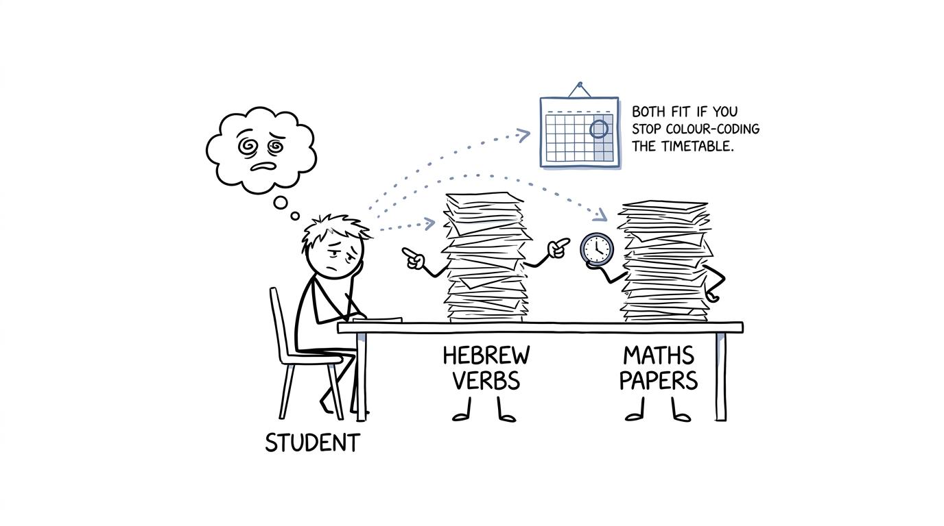 A student balancing Hebrew verbs and maths papers on a weekend timetable