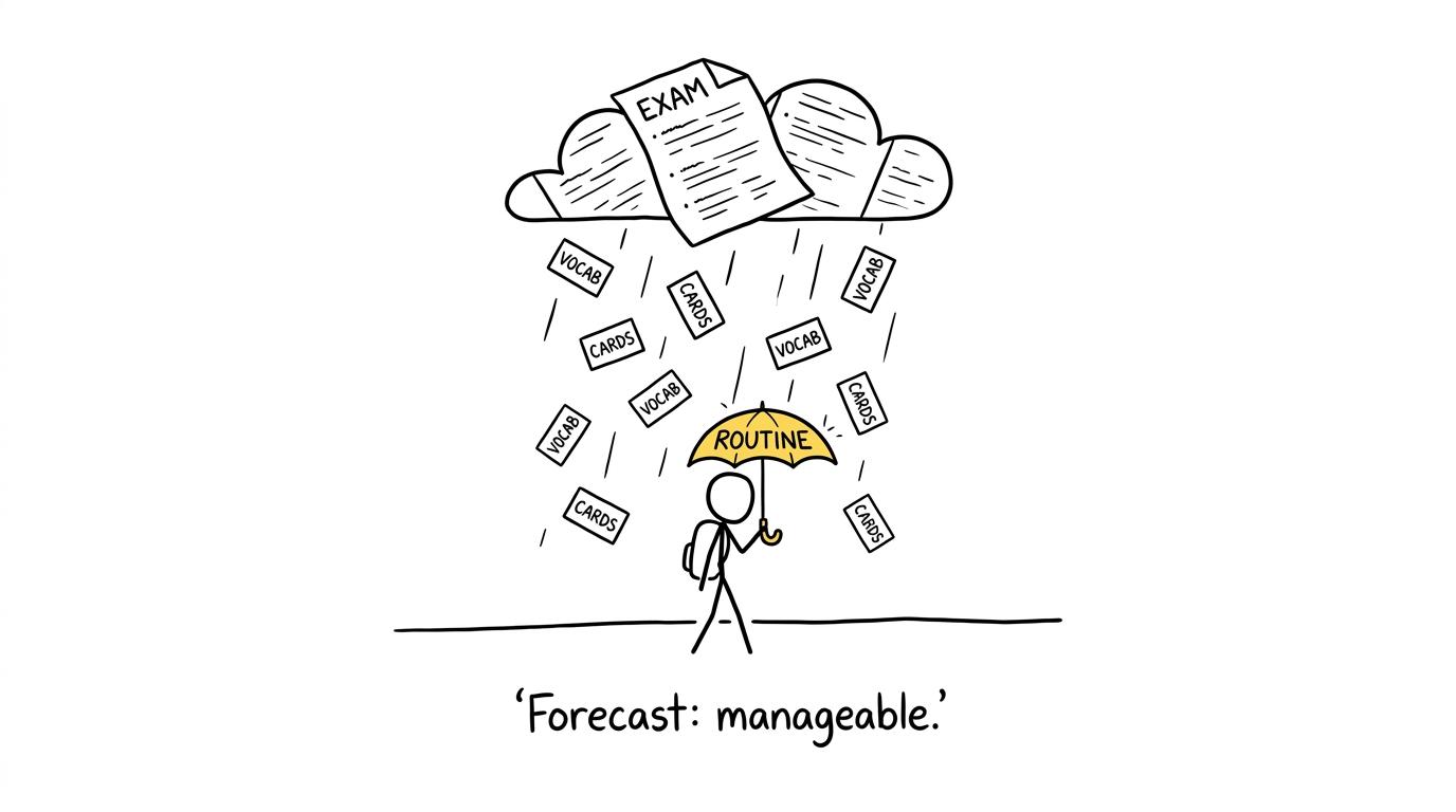 A student walks calmly beneath a vocabulary storm using a revision routine as an umbrella