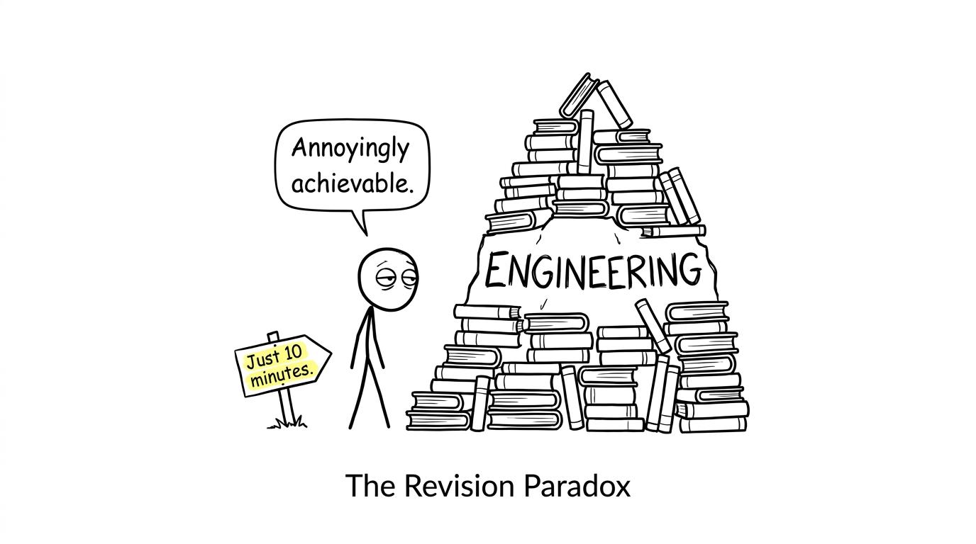 A tired student chooses an annoyingly achievable ten-minute climb up the engineering revision mountain