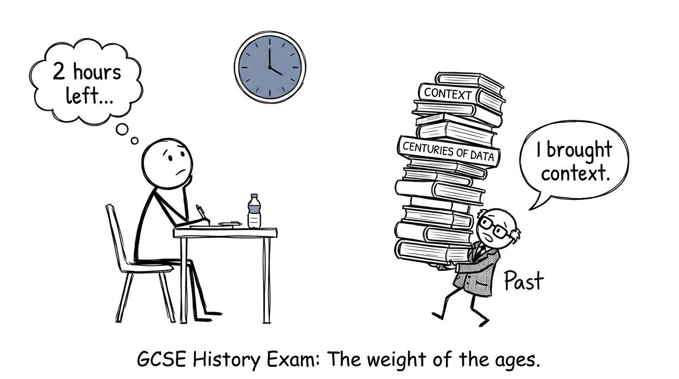 A student faces a long History exam while the past arrives carrying far too much context