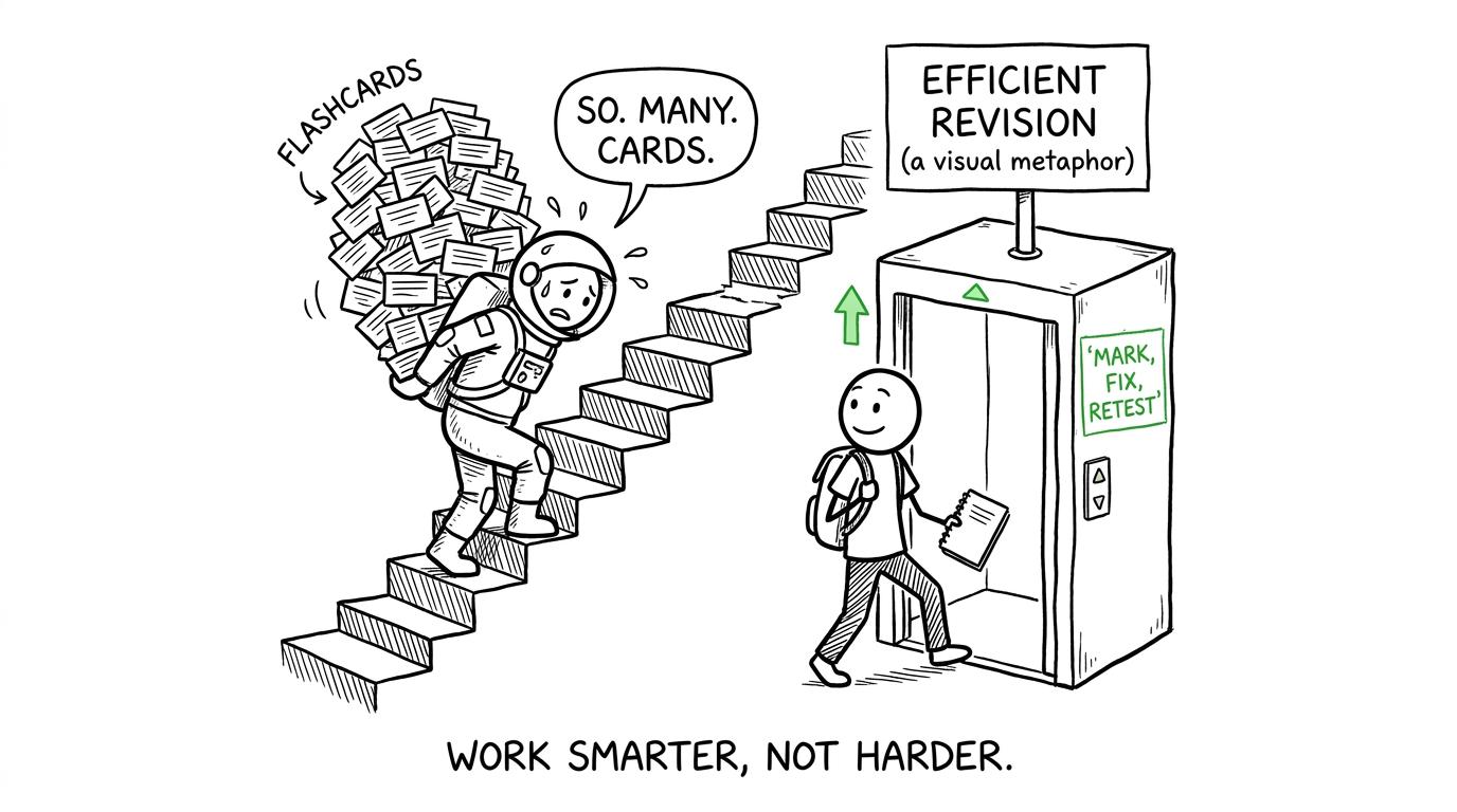 One student carries endless flashcards while another takes the mark, fix, retest lift