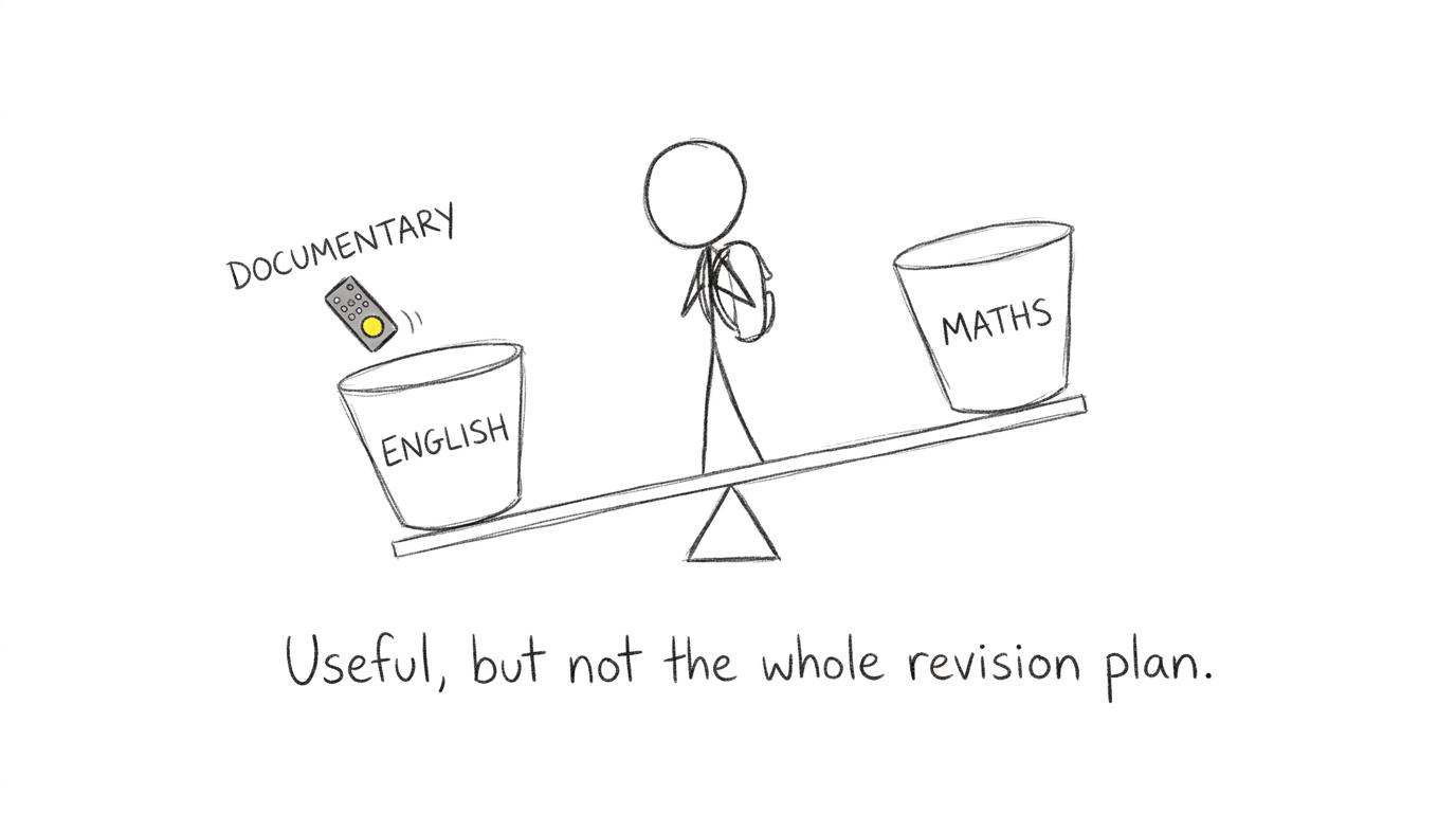 A student balancing English, maths and documentary time on a revision seesaw