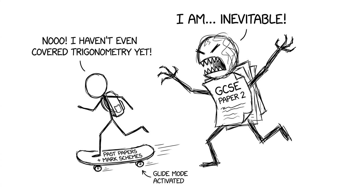 Exam paper monster chasing a student on a skateboard labelled past papers