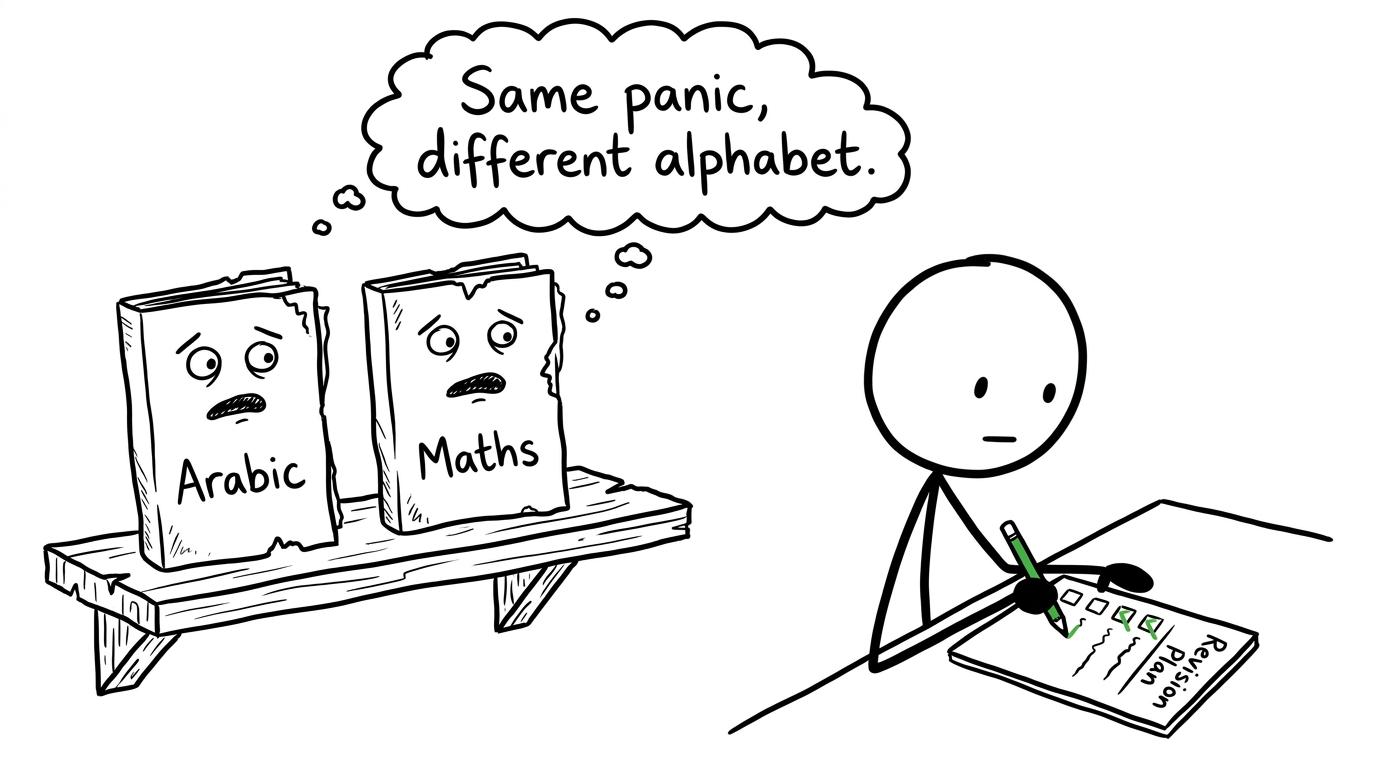 Arabic and maths revision folders comparing exam-season worries