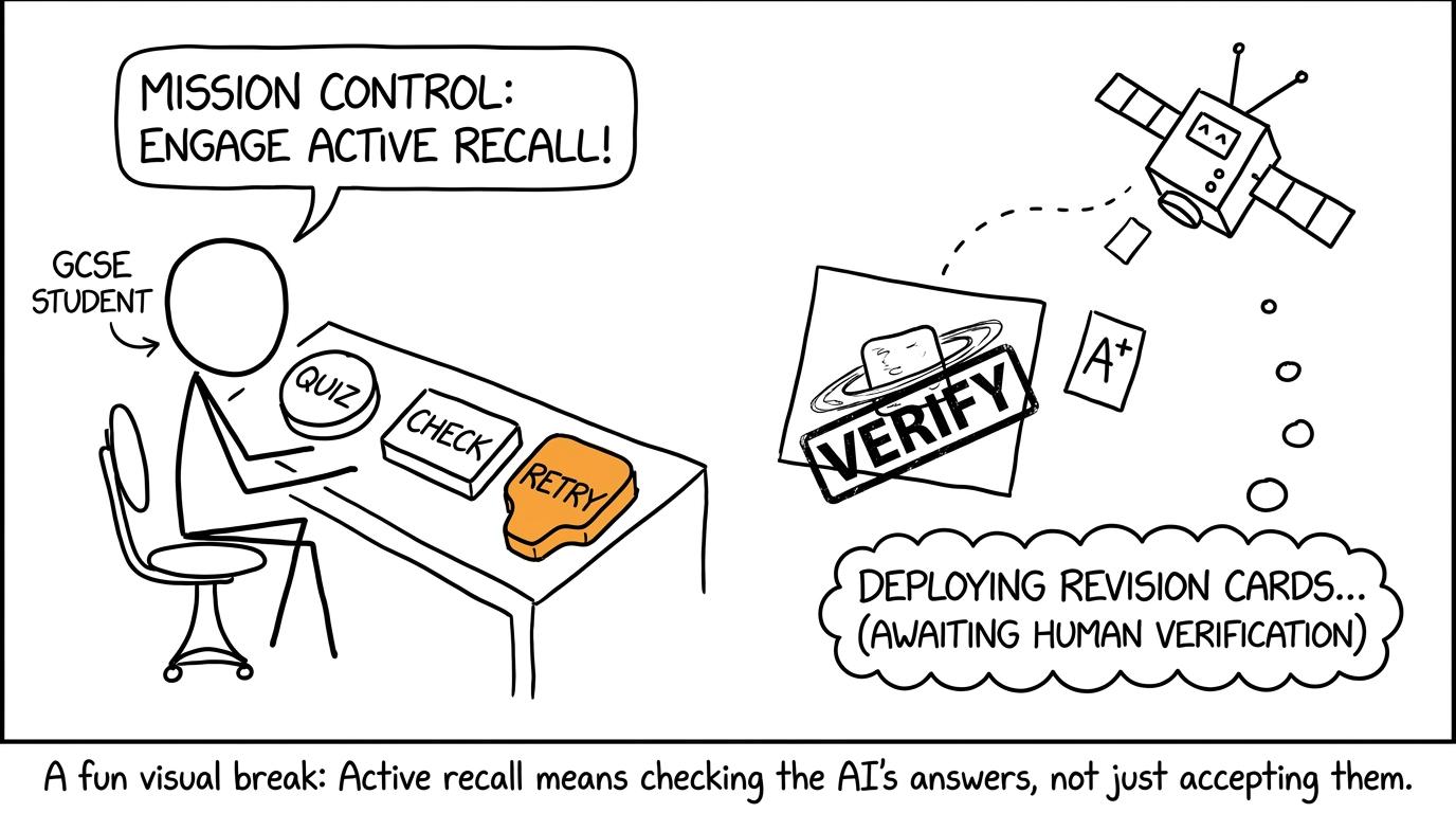 A student mission controller uses Quiz, Check and Retry buttons while an AI satellite drops revision cards