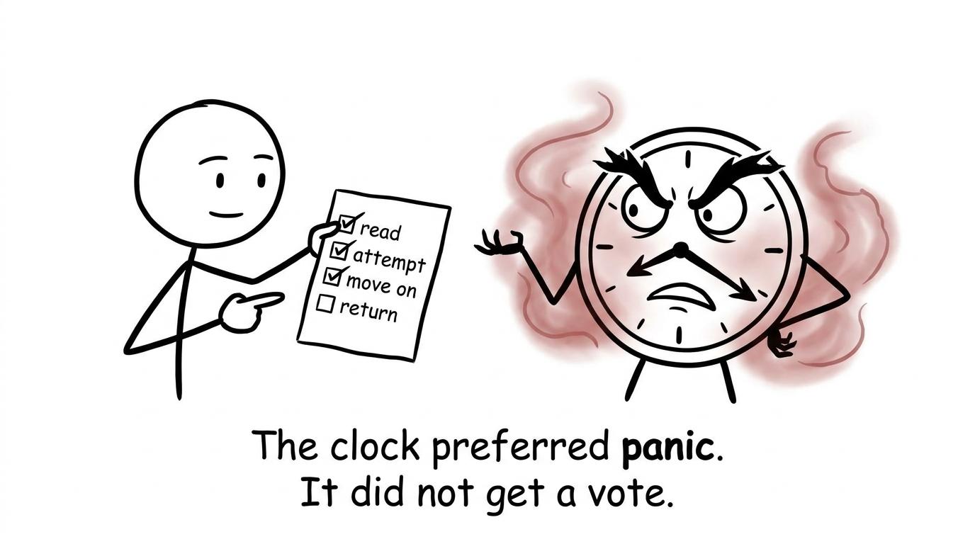 A dramatic exam clock fails to frighten a student using a calm checklist