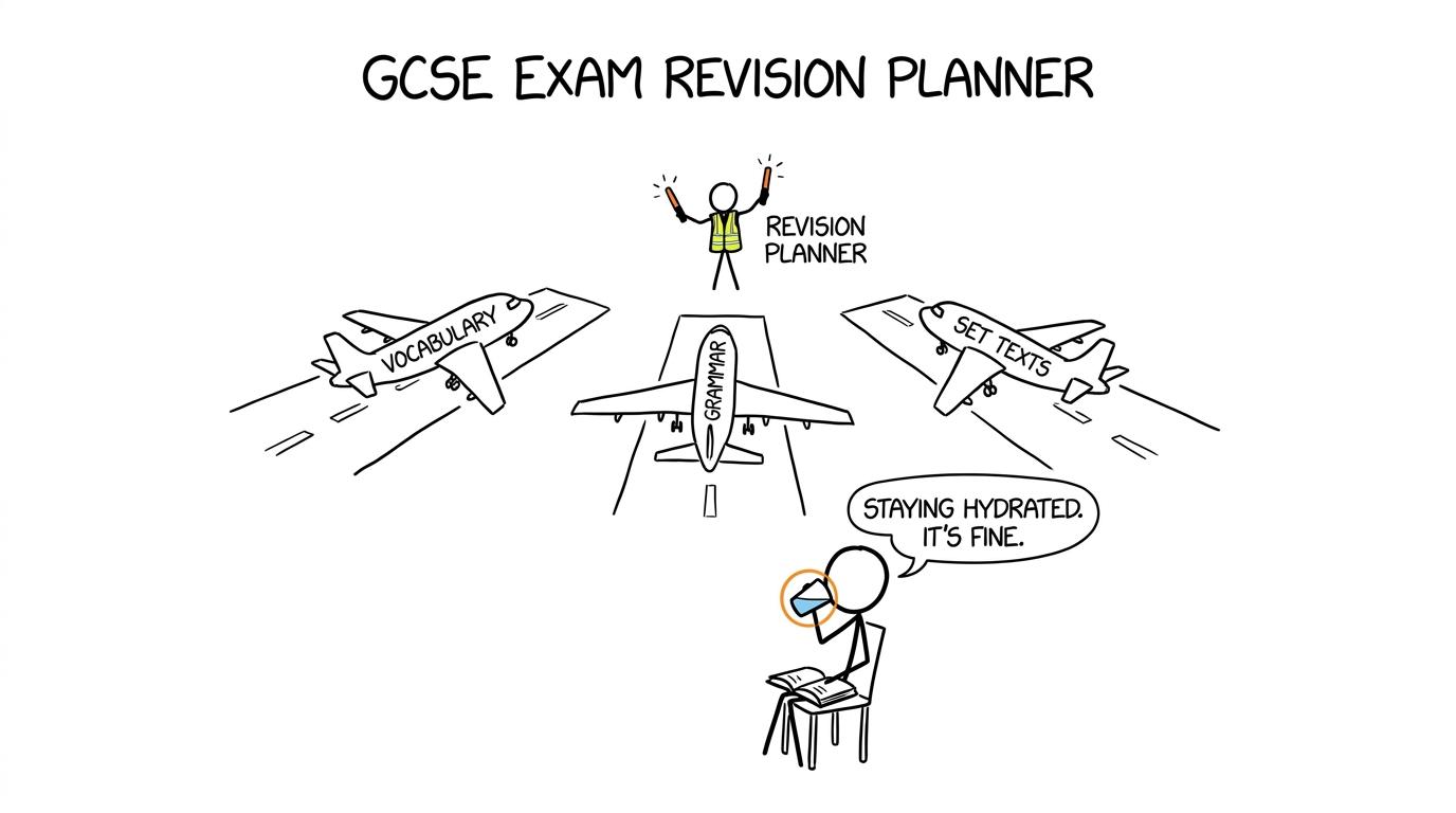A revision planner directs vocabulary, grammar and set texts towards separate runways