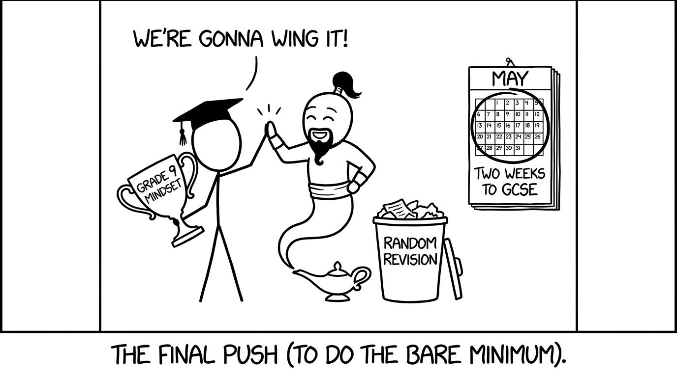 Student high-fives genie next to bin labelled random revision