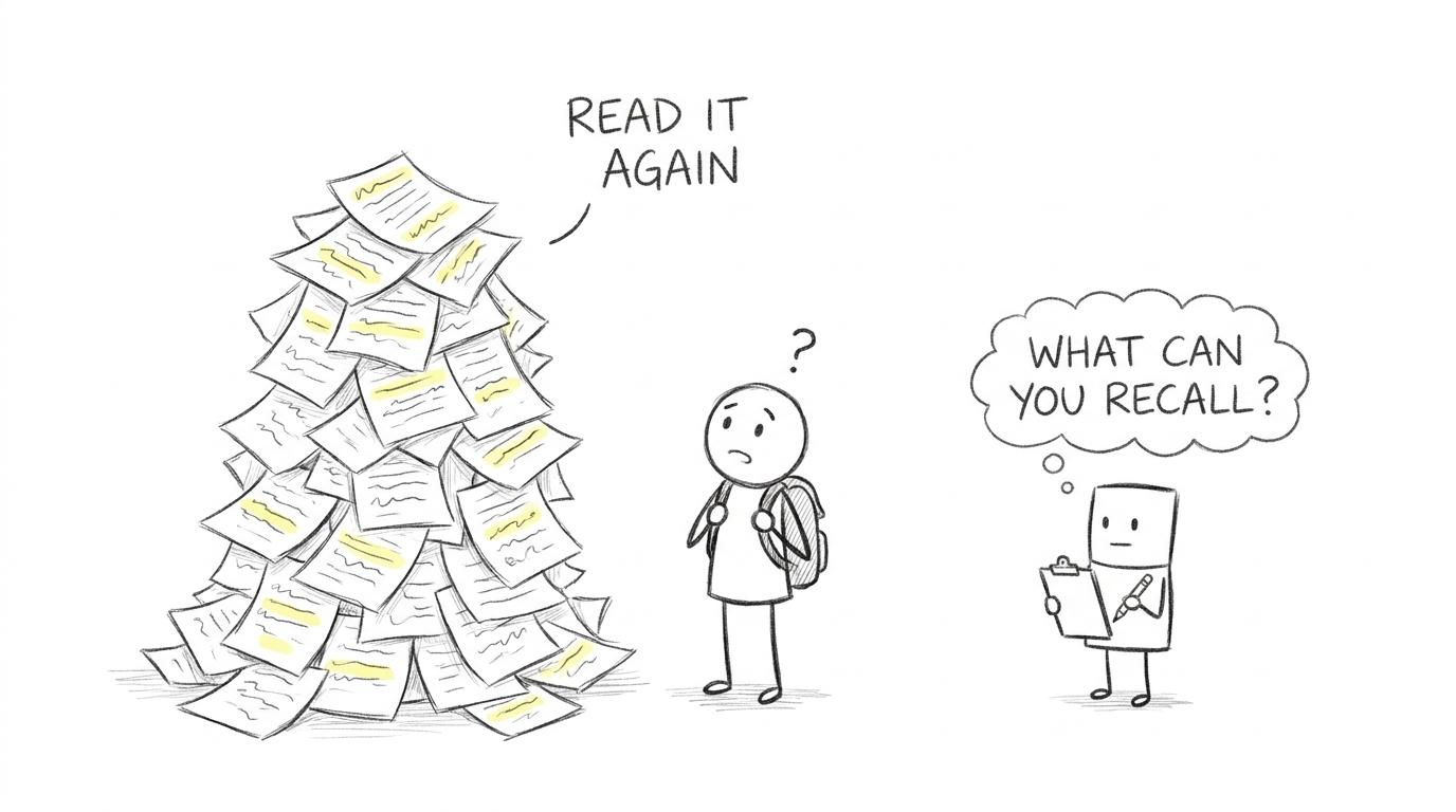 A student compares a mountain of highlighted notes with a small closed-book recall quiz
