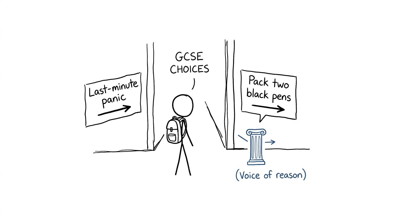 A student chooses packed black pens over the corridor marked last-minute panic