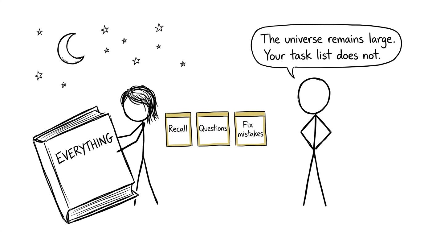 A student chooses recall, questions and mistake fixing instead of trying to revise everything