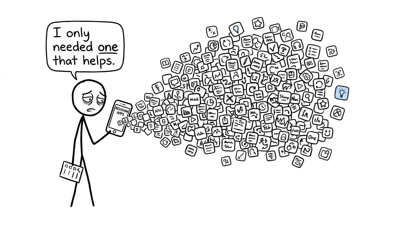 A student faces a stampede of revision apps while holding one useful checklist