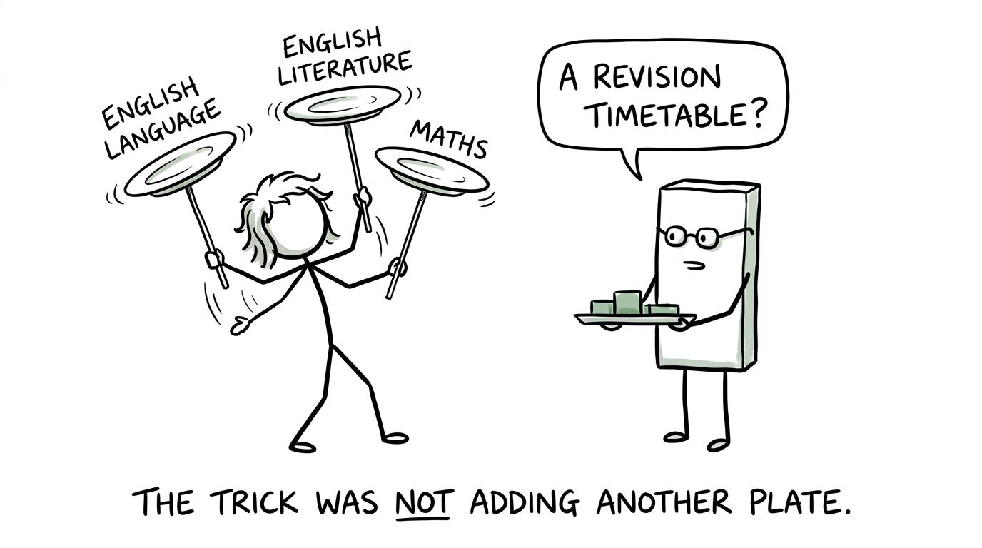 A student balances English Language, English Literature and maths while a revision timetable offers help