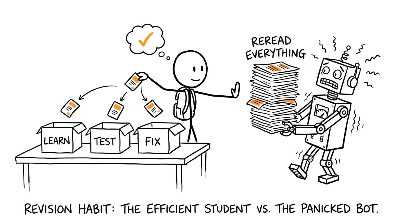 A student choosing learn, test and fix while a robot recommends rereading everything