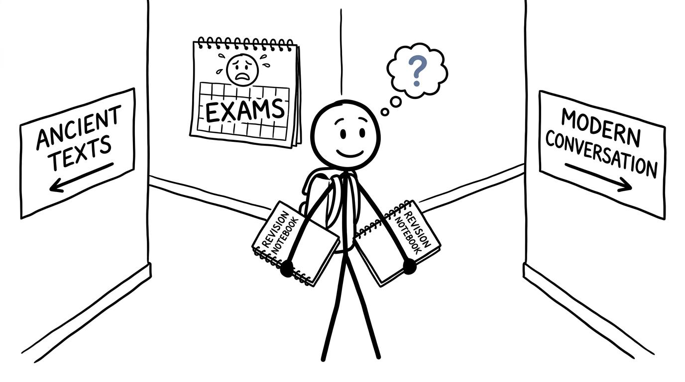 A student choosing both ancient texts and modern conversation