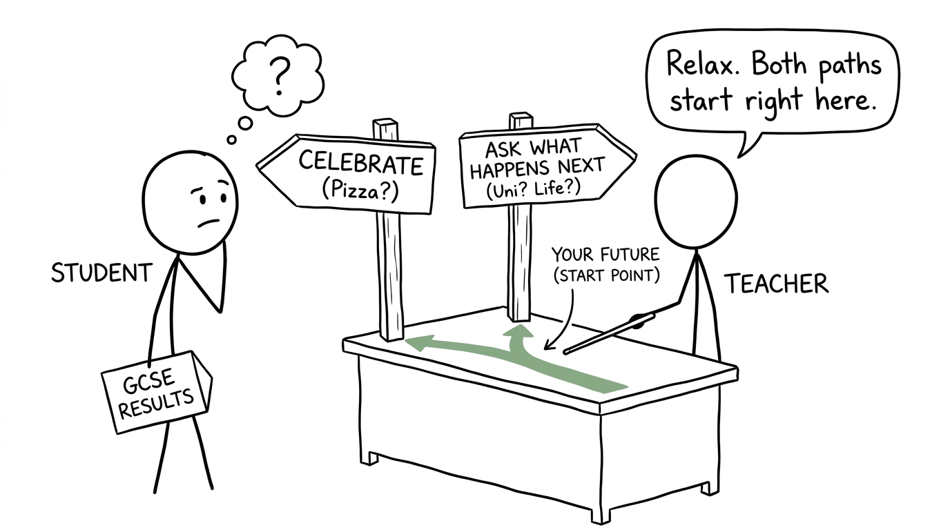 A student discovers that celebrating and asking for advice begin at the same results desk