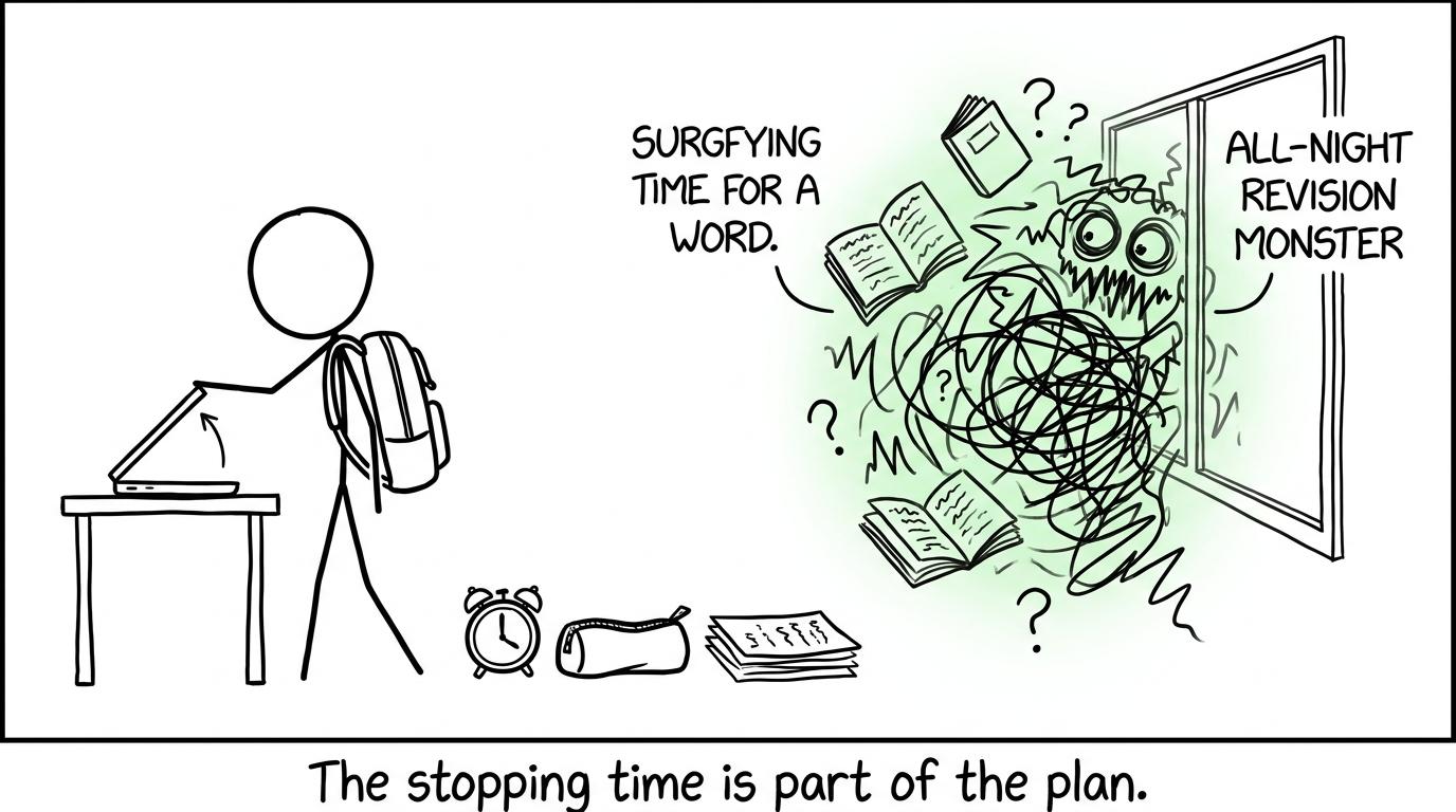 A calm Sunday stopping time keeps the revision monster outside