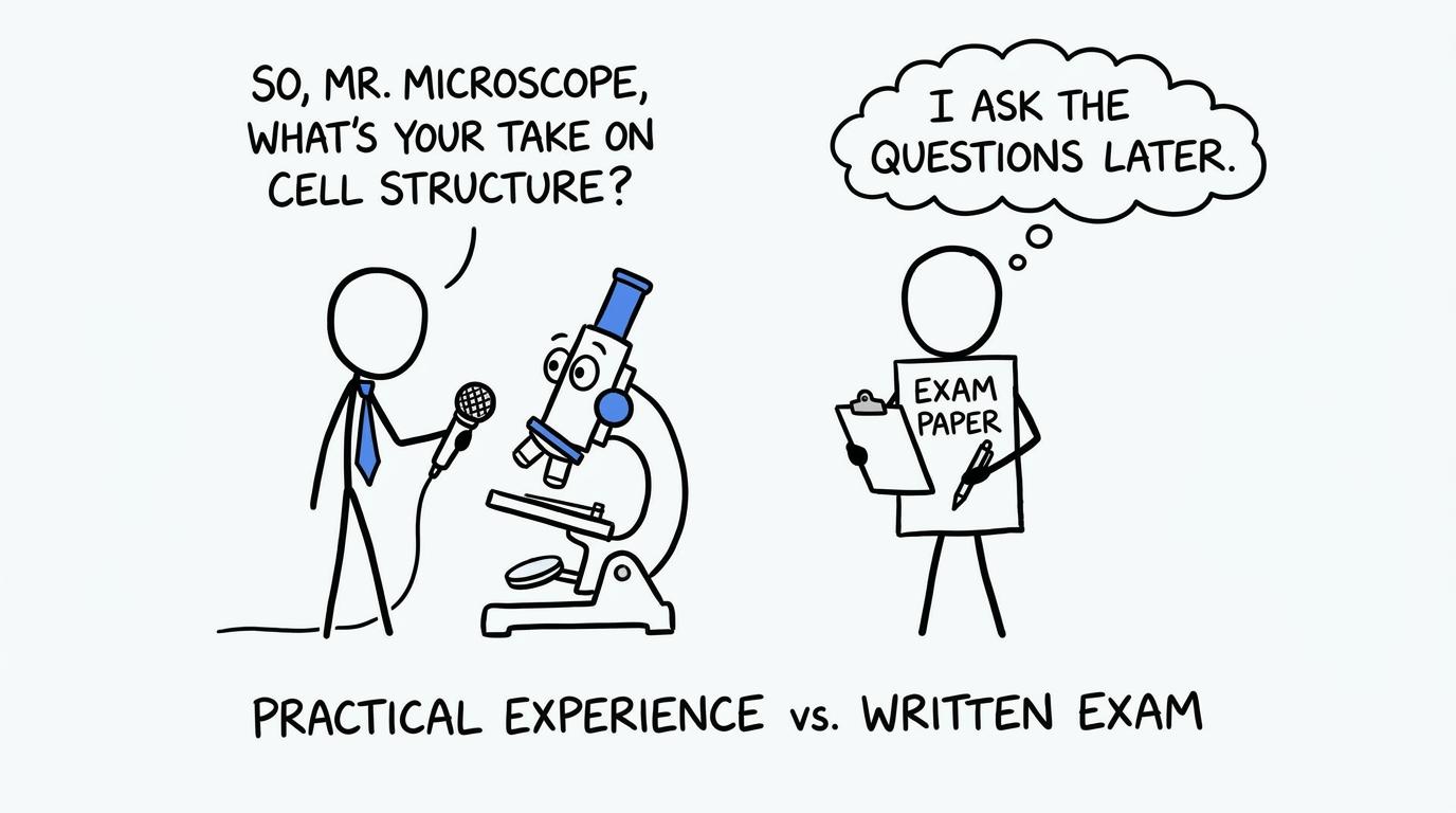 A microscope explains that practical experience will be questioned later