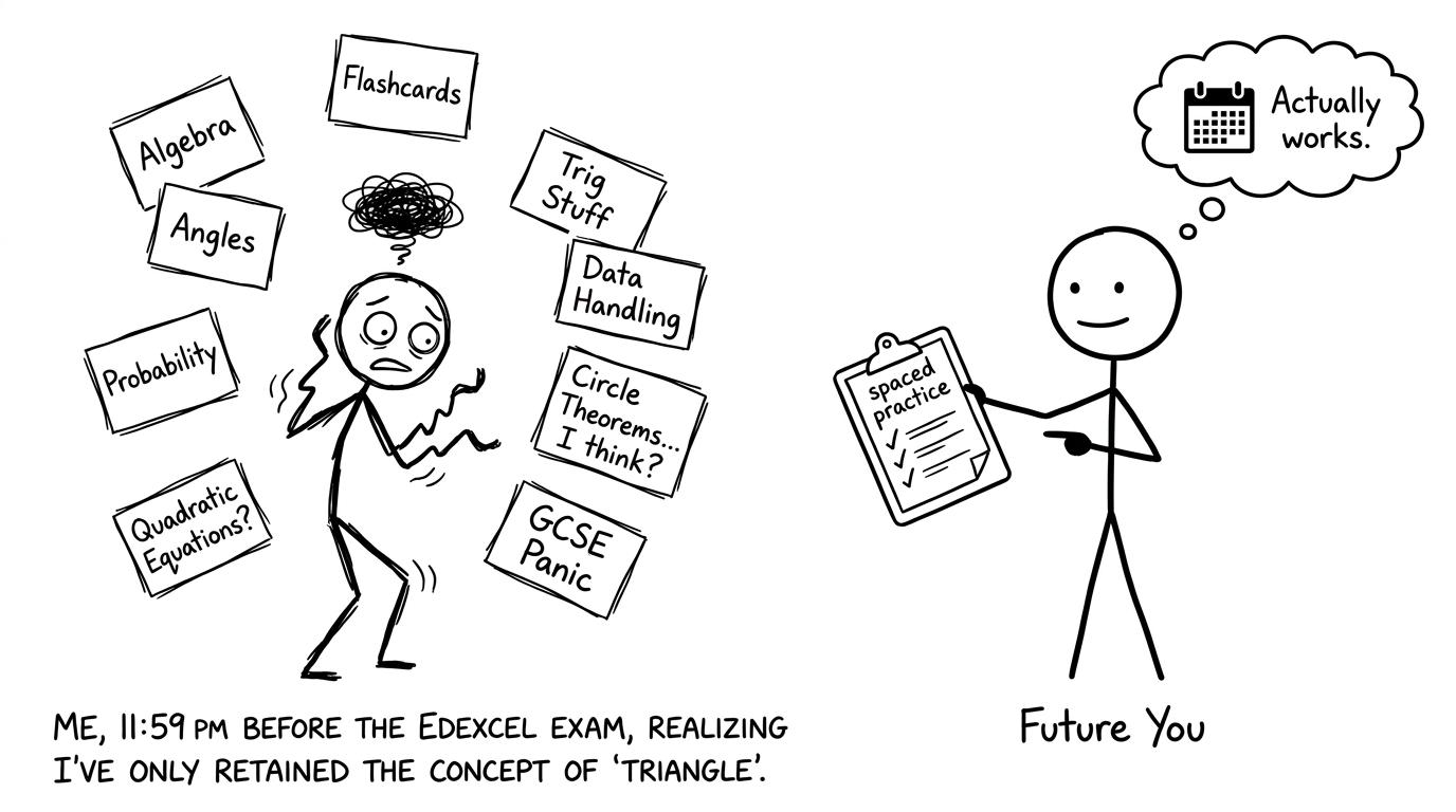 A student meets “Future You” holding a spaced practice plan
