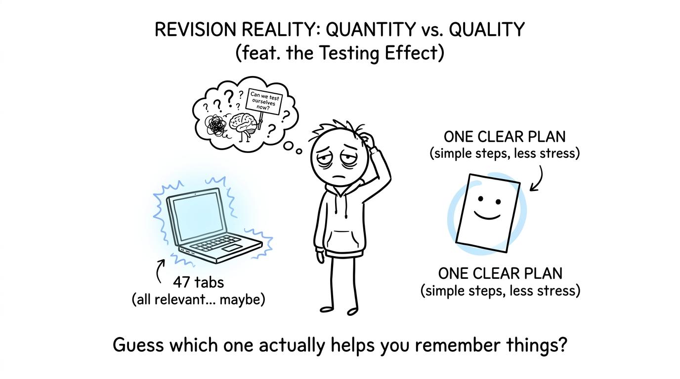 A student choosing between an overloaded laptop and one clear revision plan