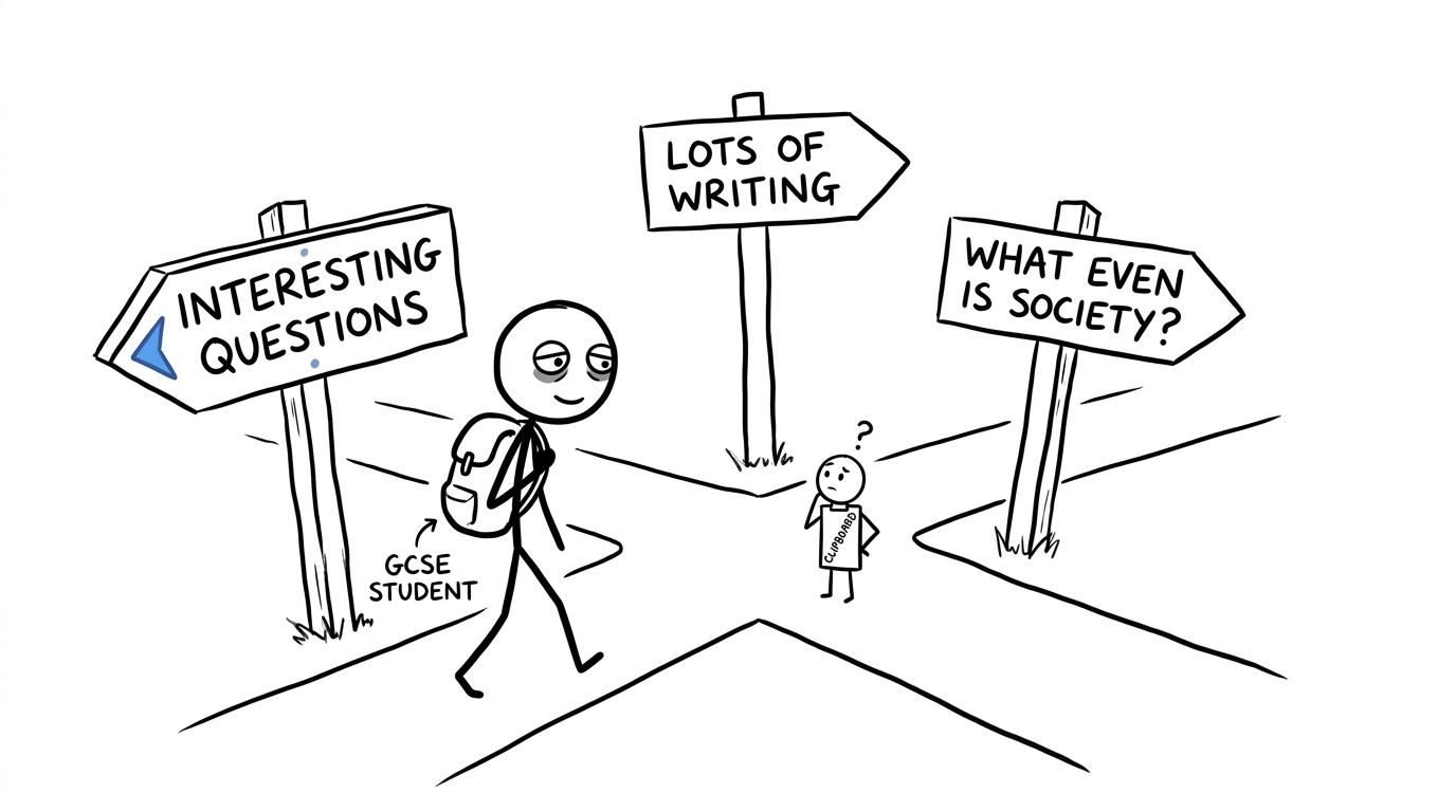 A student choosing the path towards interesting questions at a GCSE options crossroads