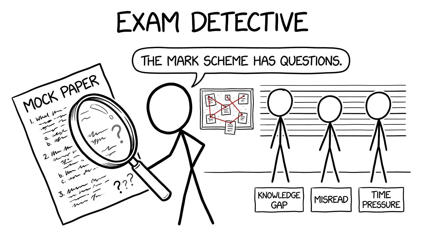A mock-paper detective interviewing knowledge gaps, misreading and time pressure