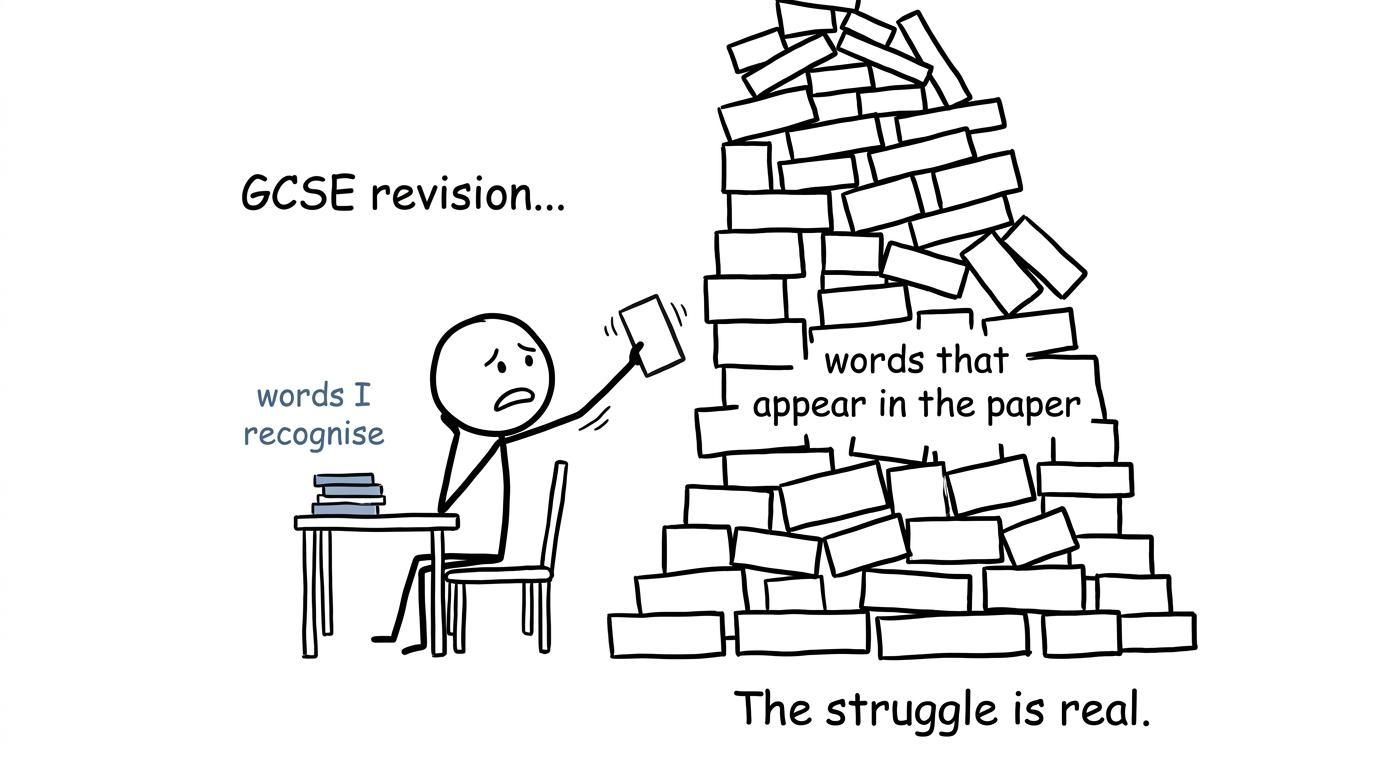 A student defending themselves from an enormous vocabulary pile with one flashcard